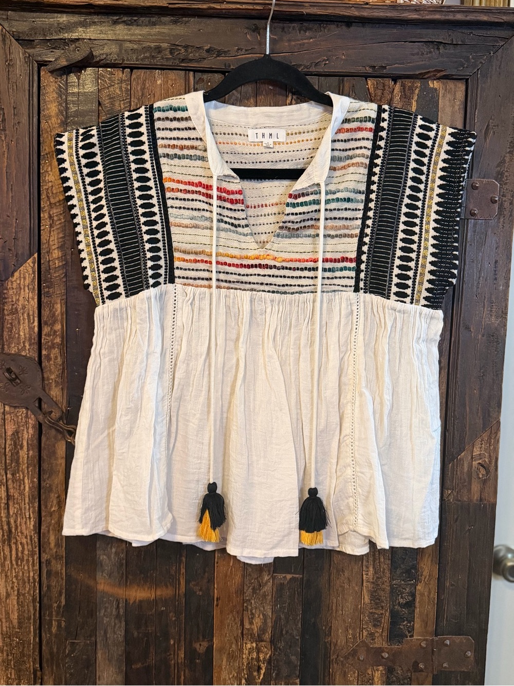 THML Embroidered Boho Tassel Top S White Multicolor Southwestern babydoll